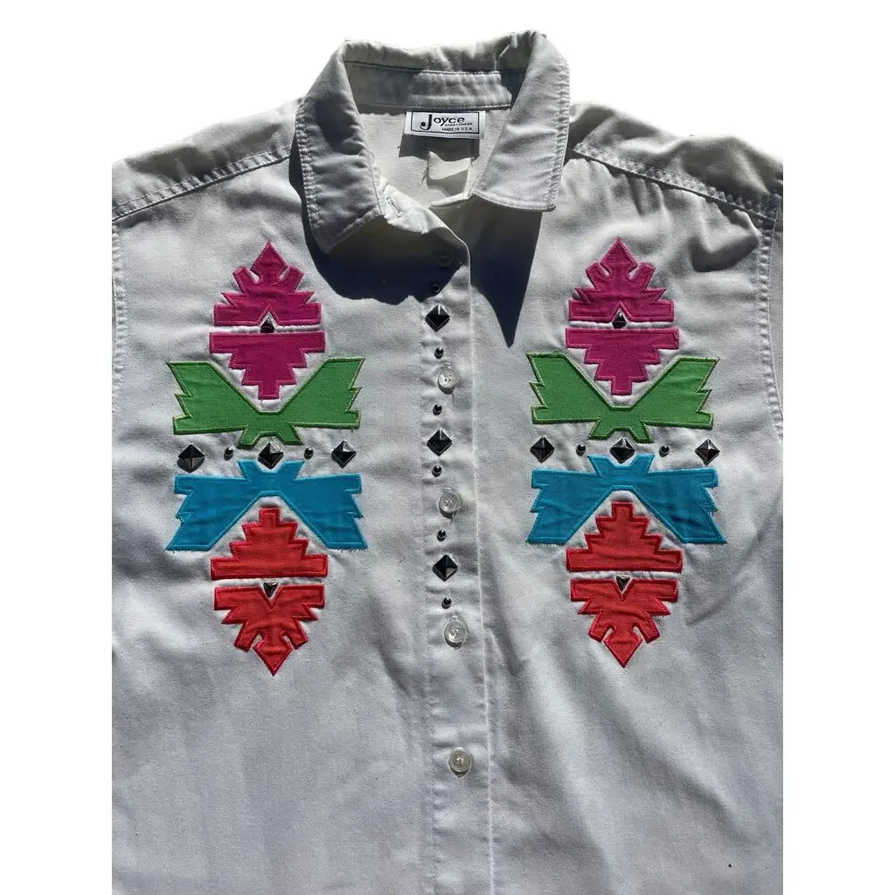 Vintage White Button Up Shirt XL Southwestern Design Studded Size XL Cowgirl